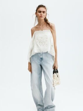 H&M Edition Strappy Embroidery Top White S/S 2026 Cotton Tie Side Crop NWT M/L